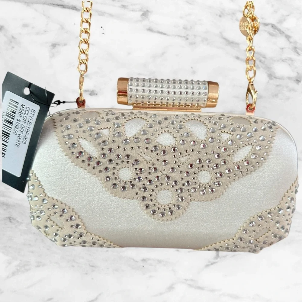 Badgley Mischka Off White Satin Rhinestone Clutch Evening Handbag Chain - Picture 14 of 16